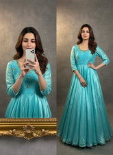 Firozi Space Silk Anarkali Gown with Moti Handwork