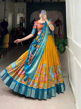 Saffron Gold & Ocean Blue Kalamkari Dola Silk Lehenga Set – A Regal Symphony of Tradition & Luxury