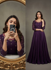 Jamuni Purple Space Silk Anarkali Gown with Moti Handwork