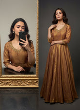 Antique Gold Space Silk Anarkali Gown with Moti Handwork