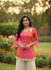 Rani Pink & Kesari Bandhej Faux Georgette Kurti with Pure Cotton Inner
