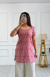 Dusty Pink Micro Floral Cambric Cotton Kurti with Corset Back
