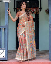 Terracotta Handloom Cotton Saree with Blooming Floral Print & Madhubani Fish Pallu