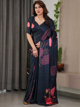 Midnight Navy Blue Satin Georgette Floral Printed Saree with Attached Blouse – Elegant Rose Bloom Designer Drape