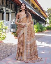 Royal Brown Procession Print Handloom Cotton Saree with Illustrated Pallu & Blouse