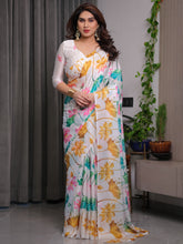 White Satin Georgette Lotus Floral Printed Saree with Attached Blouse – Elegant Watercolor Designer Saree for Festive & Graceful Occasions