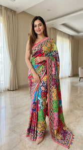Multicolor Patchwork Print Soft Roman Silk Saree with Real Mirror Work Border & Kodi Latkan Pallu
