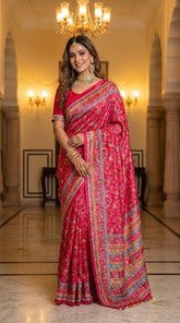 Rani Pink Mirror Work Silk Saree with Regal Ethnic Borders