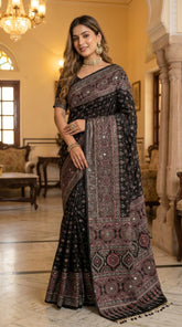 Elegant Black Soft Fox Georgette Saree with Intricate Traditional Print & Real Mirror Handwork