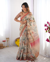Beige & Red Handloom Linen Cotton Saree with Camel Caravan & Palace Artwork