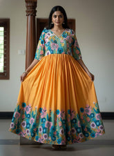 Mustard Floral Printed Maslin Gown with Khatli Handwork | Elegant Ethnic Wear Gown for Women