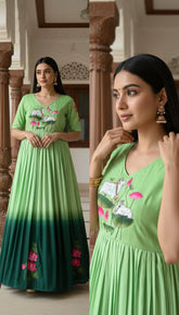 Elegant Ombre Green Maslin Gown with Lotus Floral Print & Traditional Khatli Handwork
