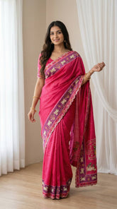Royal Pink Aari Mirror Foil Work Printed Chinon Saree with Running Blouse