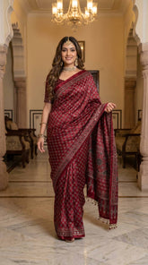 Wine Ajrakh Print Satin Saree with Mirror Work