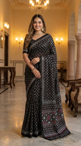 Black Ajrakh Print Satin Saree with Mirror Work