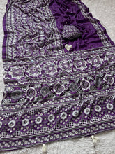 Royal Purple Semi Model Silk Saree with Ajrakh Print & Real Mirror Work