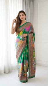 Elegant Green Roman Silk Saree with Intricate Print Detailing & Real Mirror Work Blouse