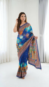 Royal Blue Roman Silk Saree with Artistic Print Detailing & Real Mirror Work Blouse