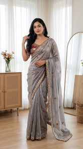 Trending Grey Party Wear Saree with Mirror Work Blouse