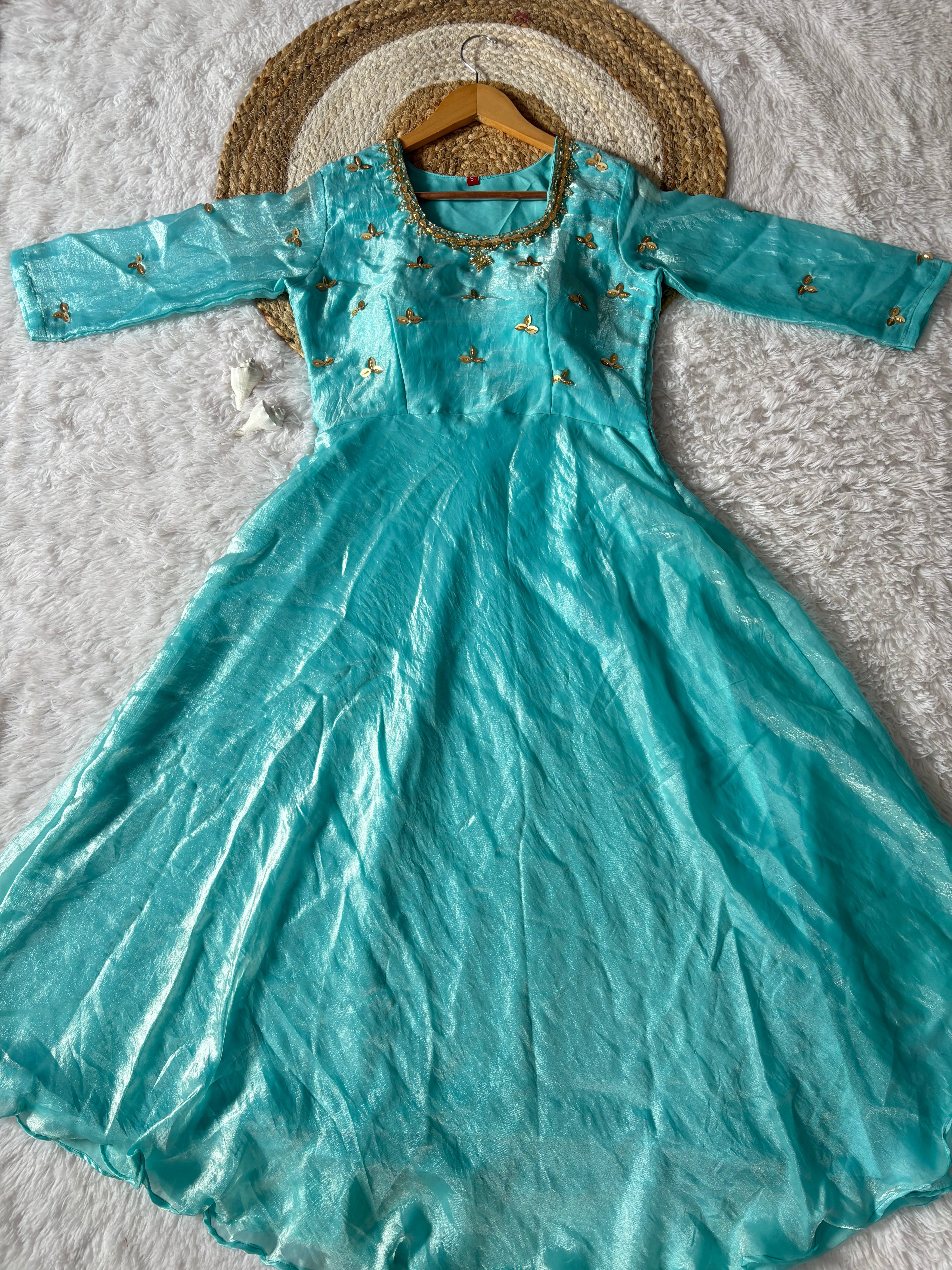 Firozi Space Silk Anarkali Gown with Moti Handwork
