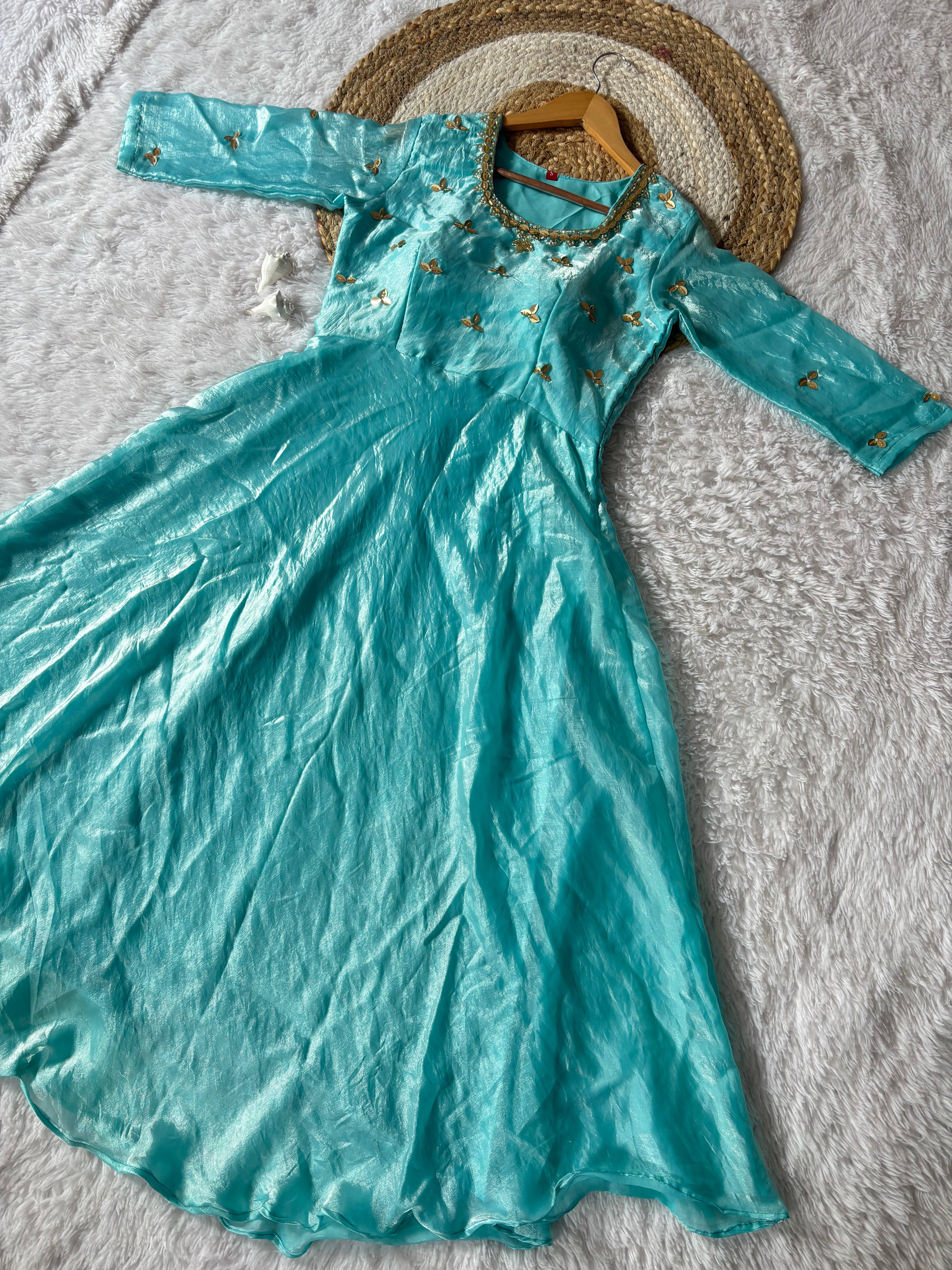 Firozi Space Silk Anarkali Gown with Moti Handwork