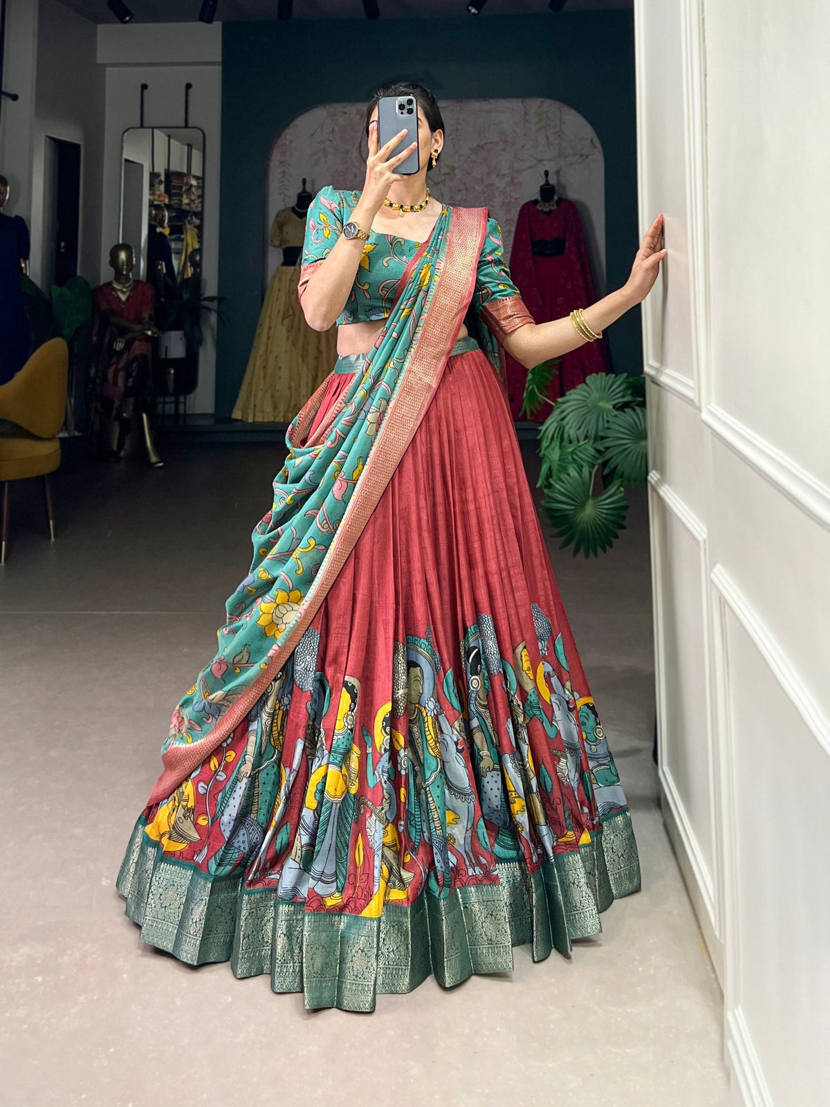 Elegant Green & Rust Kalamkari Print Dola Silk Lehenga Set