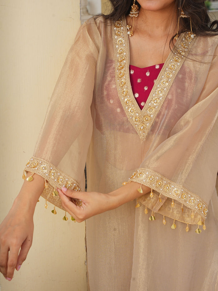 Golden Tissue 3-Piece Kurta Set with Elegant Lace Detailing