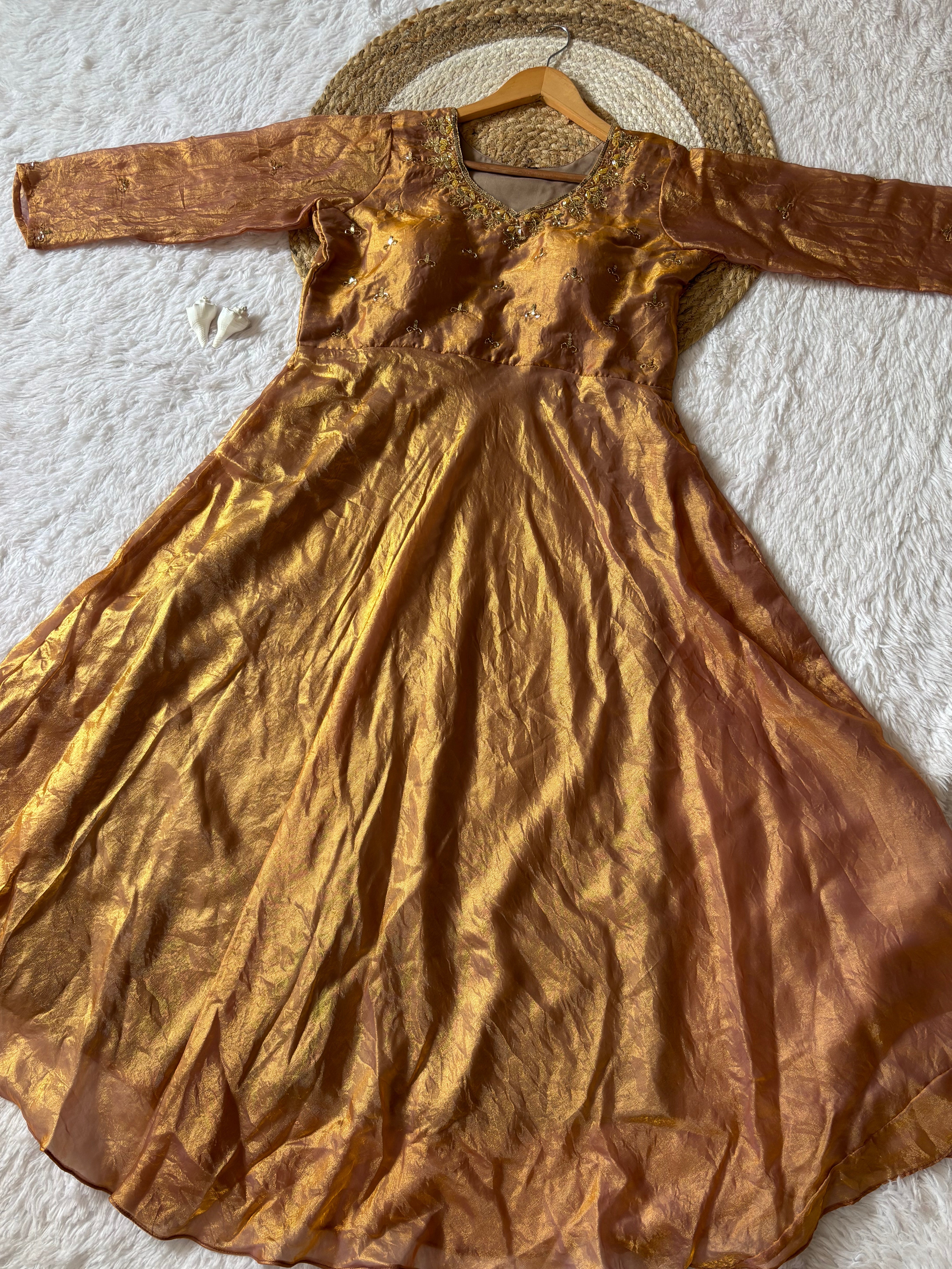 Antique Gold Space Silk Anarkali Gown with Moti Handwork
