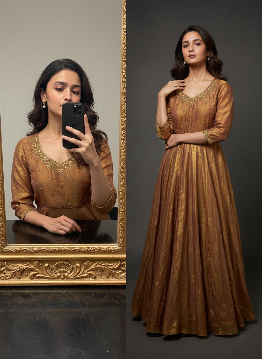 Antique Gold Space Silk Anarkali Gown with Moti Handwork