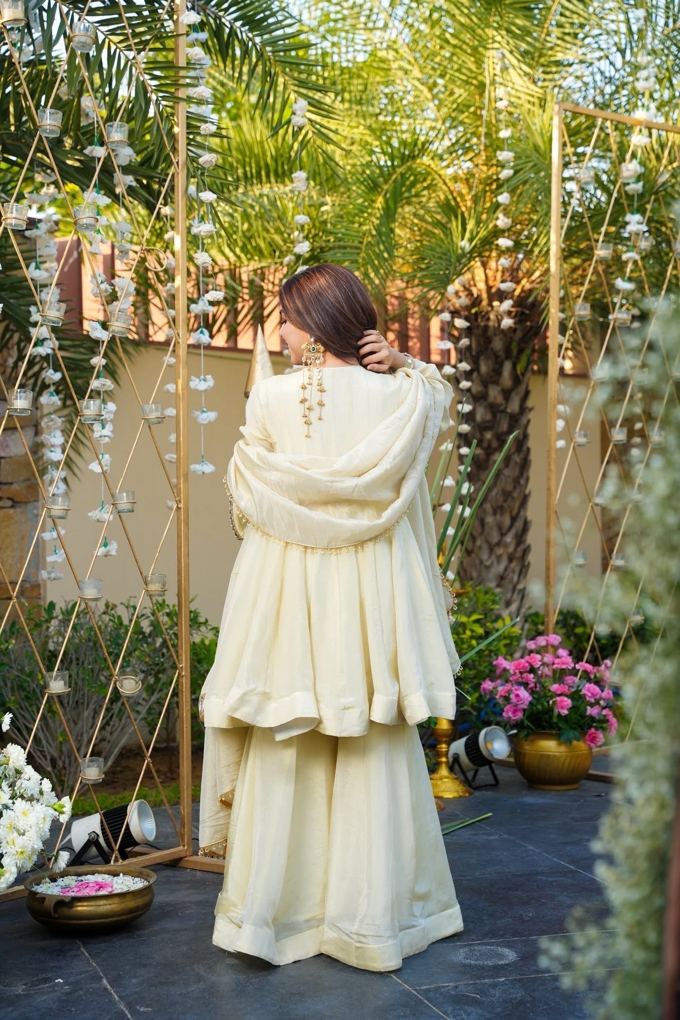 Ivory Color Heavy Mirror Embellished Anarkali With Sharara & Dupatta
