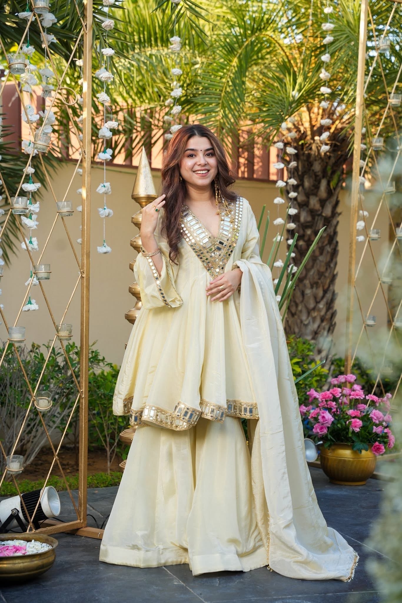 Ivory Color Heavy Mirror Embellished Anarkali With Sharara & Dupatta