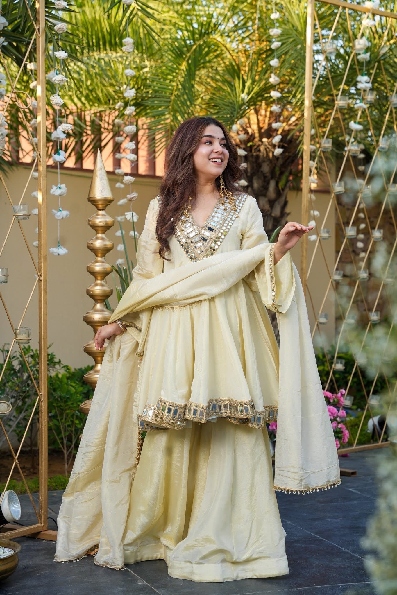 Ivory Color Heavy Mirror Embellished Anarkali With Sharara & Dupatta