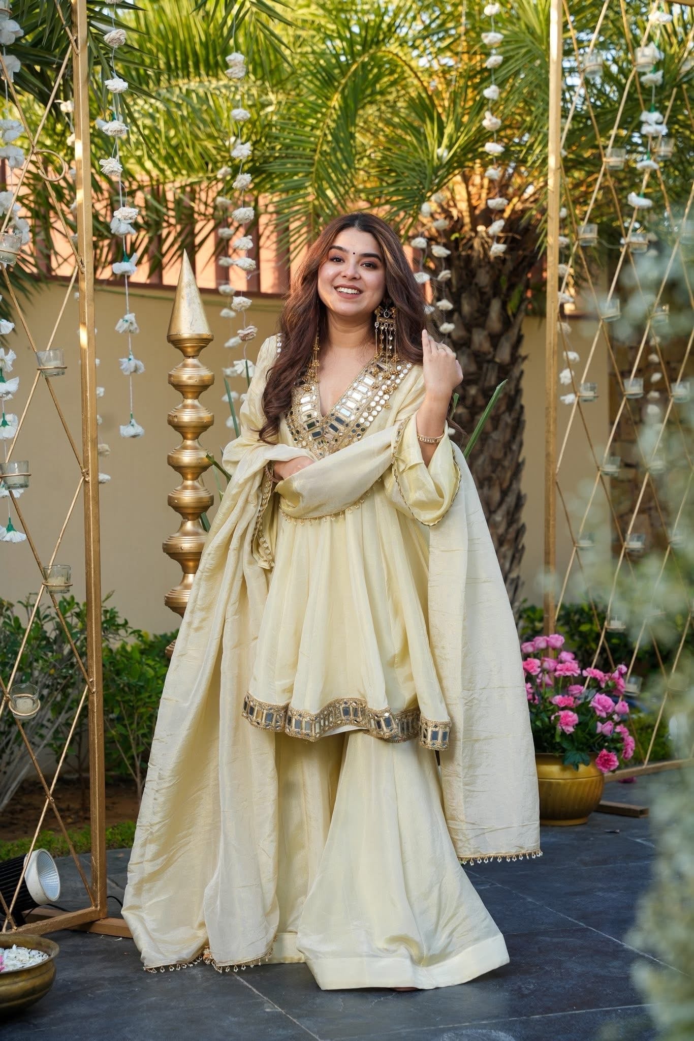 Ivory Color Heavy Mirror Embellished Anarkali With Sharara & Dupatta