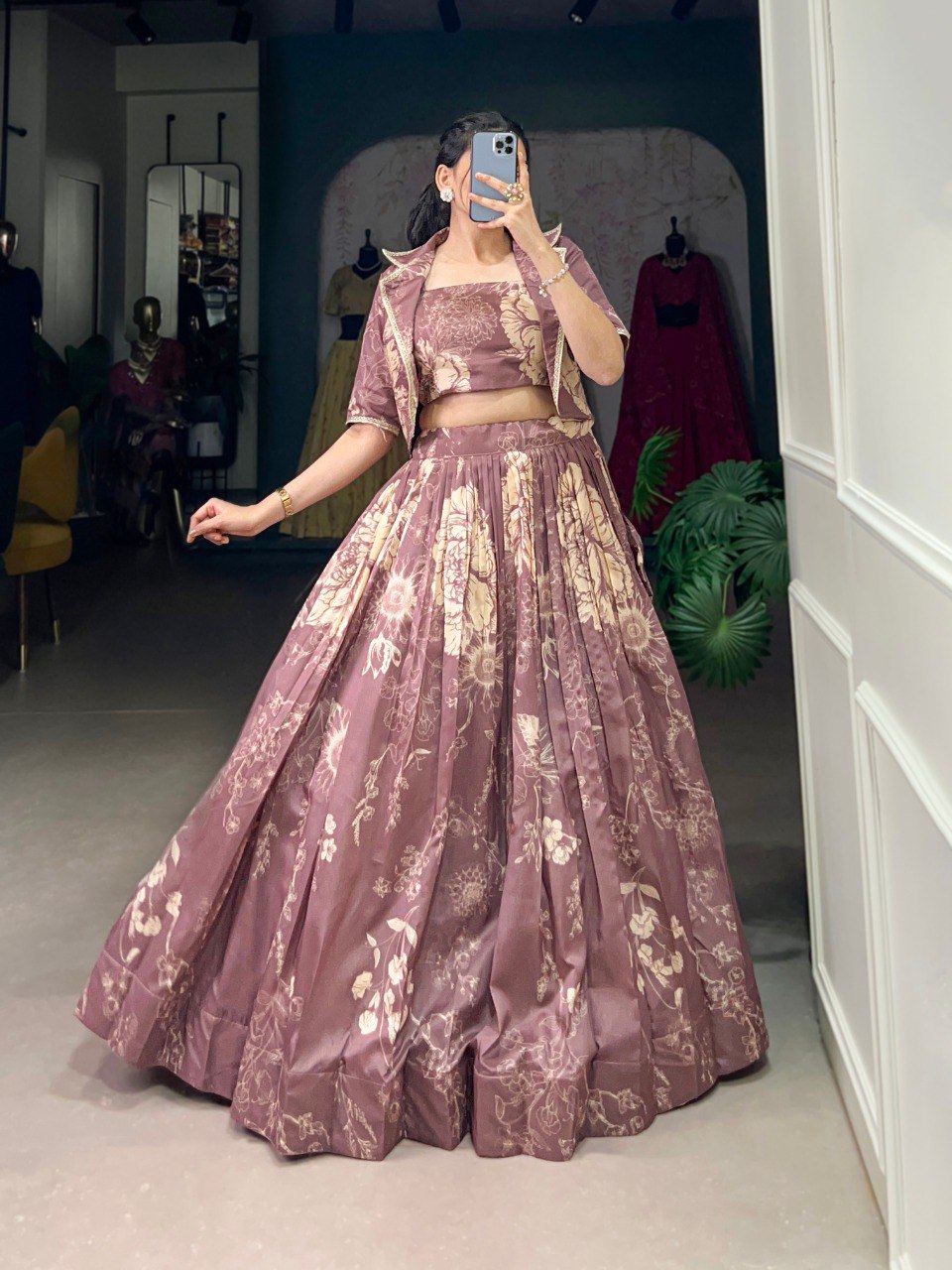 Ethereal Radiance: Mauve Tussar Silk Lehenga with Jacket ( koti )