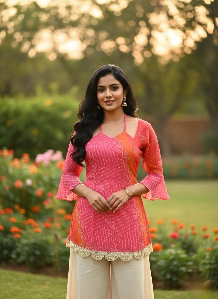Rani Pink & Kesari Bandhej Faux Georgette Kurti with Pure Cotton Inner