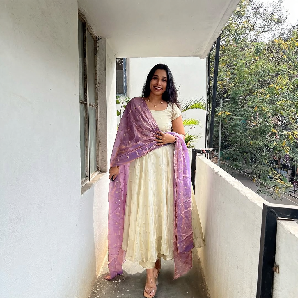 Cream Anarkali Dress with Lavender Dupatta – Elegant Women’s Ethnic Wear