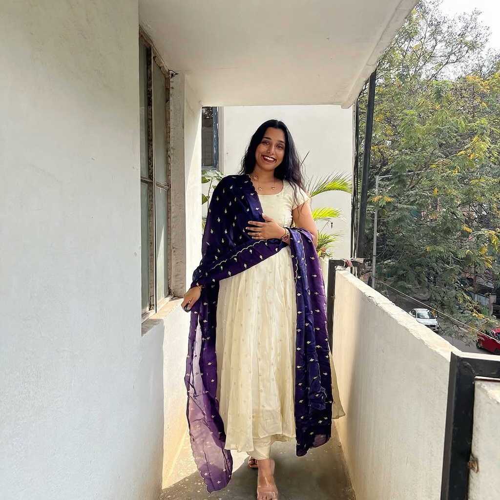 Cream Anarkali Dress with Navy Blue Dupatta – Elegant Women’s Ethnic Wear