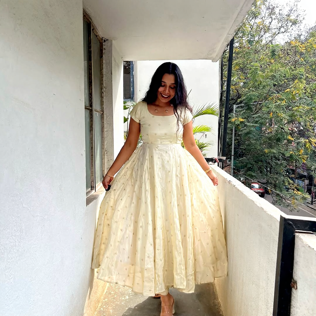 Cream Anarkali Dress with Navy Blue Dupatta – Elegant Women’s Ethnic Wear