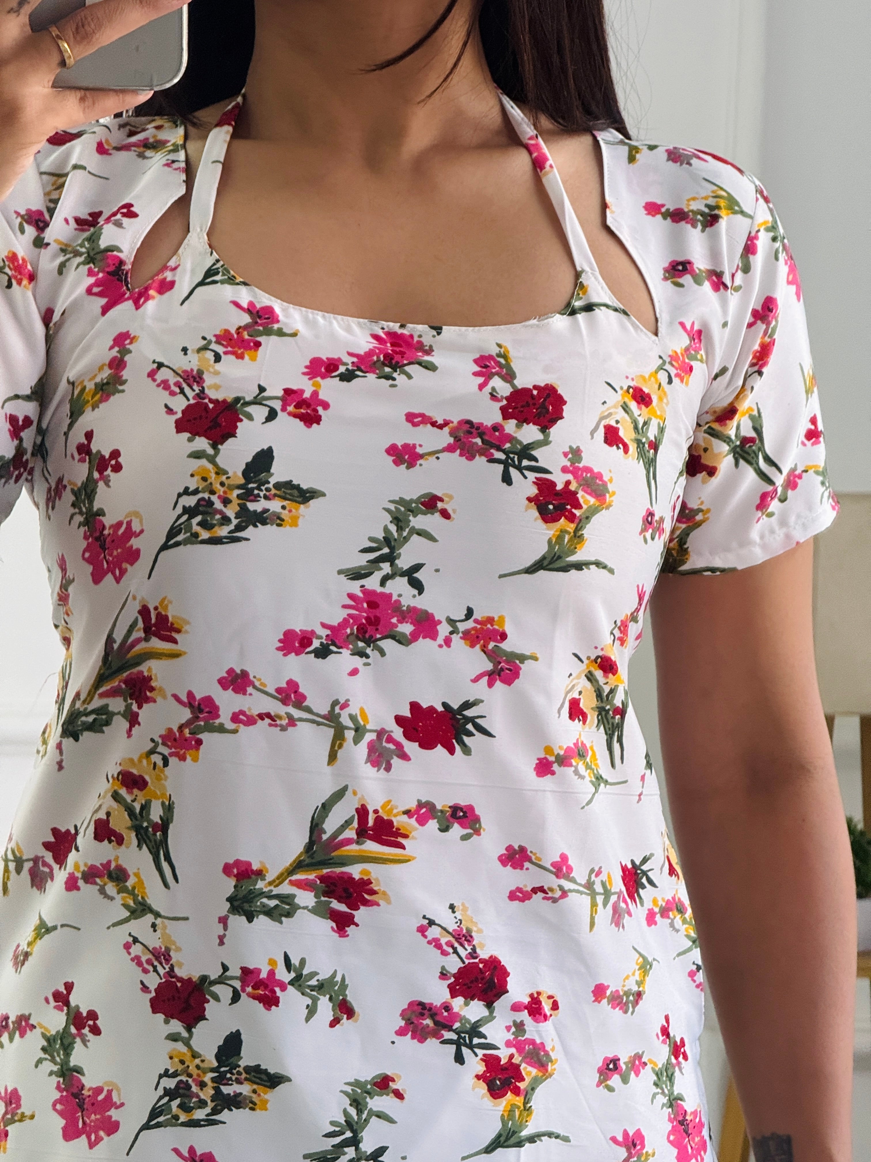 White Base Floral Print Cambric Cotton Kurti with Corset Back