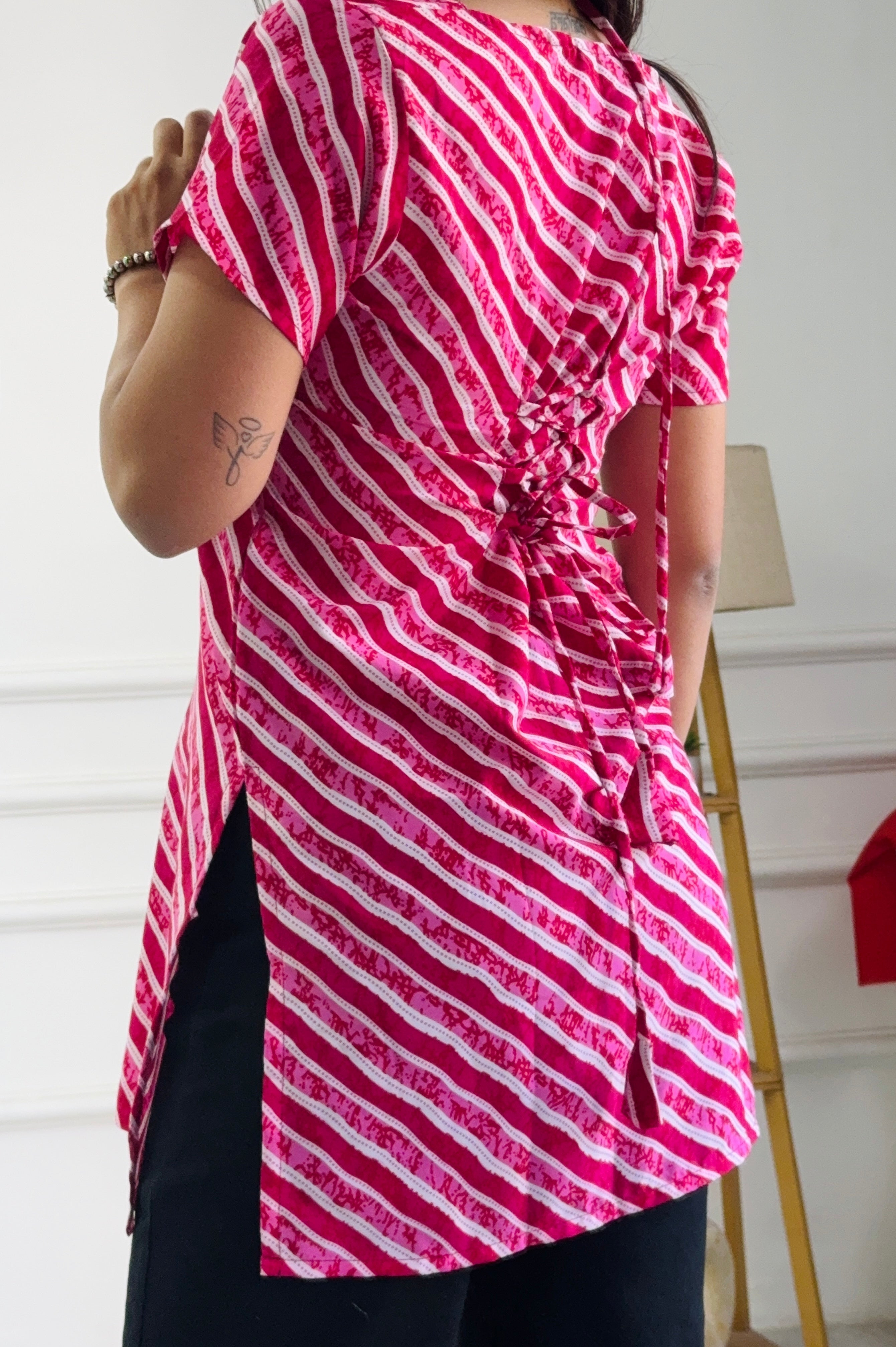 Festive Pink & White Stripe Multi-Wear Kurti - Adjustable Fit
