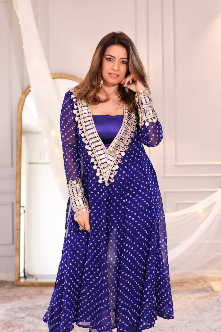 Designer Mirror Work Anarkali Suit Set for Women – Georgette Fabric | Available in Mehendi Green, Royal Blue, Black  & Wine Purple
