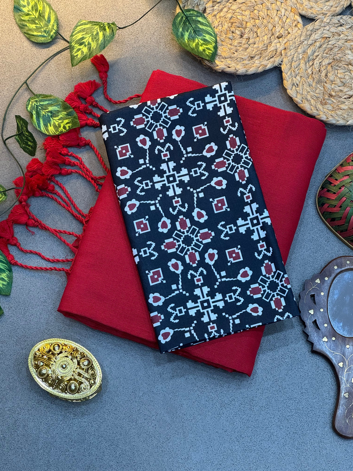 Handwoven Bright Red Khadi Cotton Saree with Black & White Geometric Digital Print Blouse