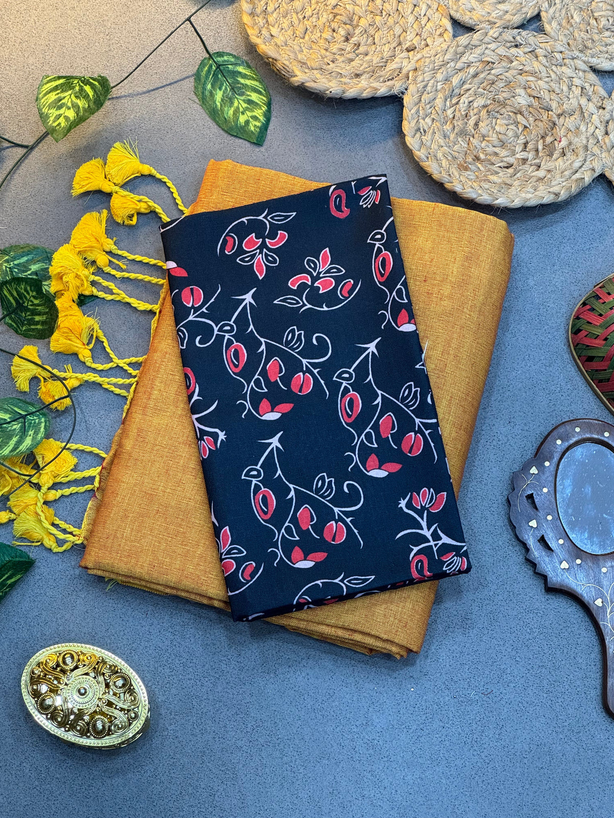 Handwoven Mustard Yellow Khadi Cotton Saree Paired with Black Red Floral Digital Blouse