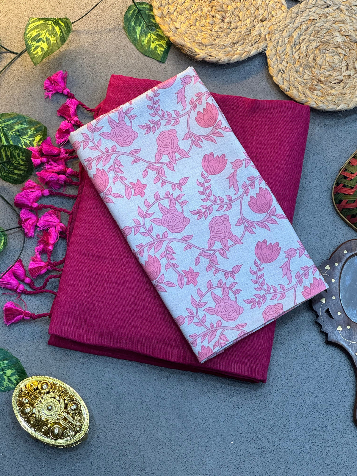 Handwoven Rani Pink Khadi Cotton Saree Paired with Floral Printed Digital Blouse