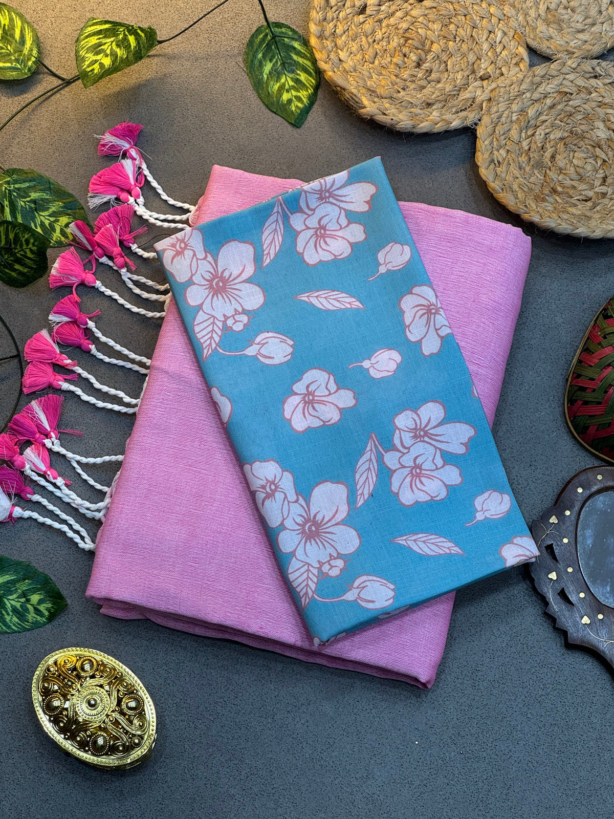 Handwoven Baby Pink Khadi Saree with Designer Sky Blue Digital Printed Floral Blouse