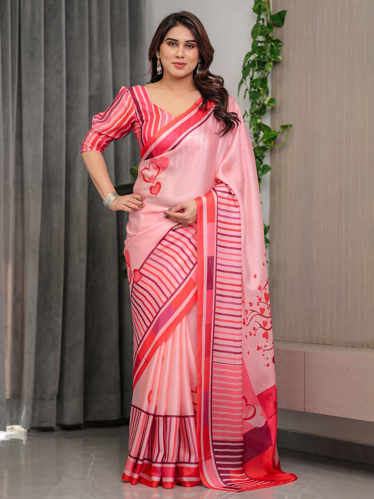 Rose Pink Satin Georgette Romantic Printed Saree with Proposal Silhouette, Heart Tree Pallu & Striped Border Blouse
