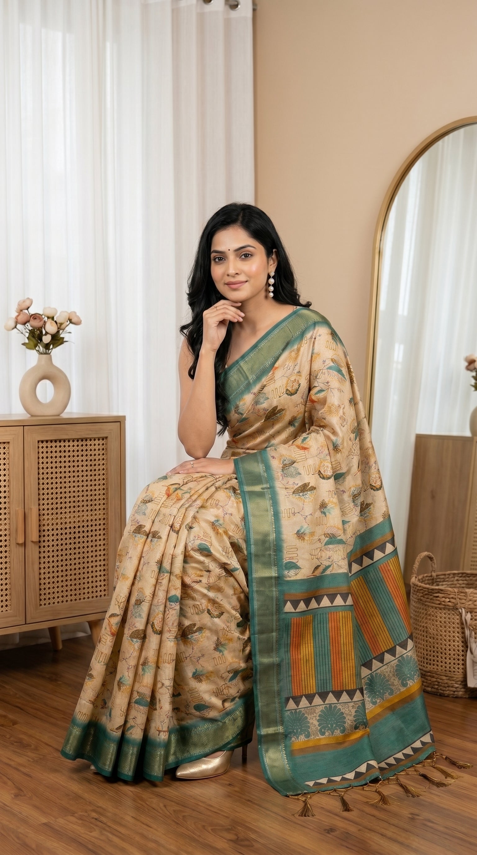 Beige Tissue Silk Saree with Teal Green Border & Artistic Print