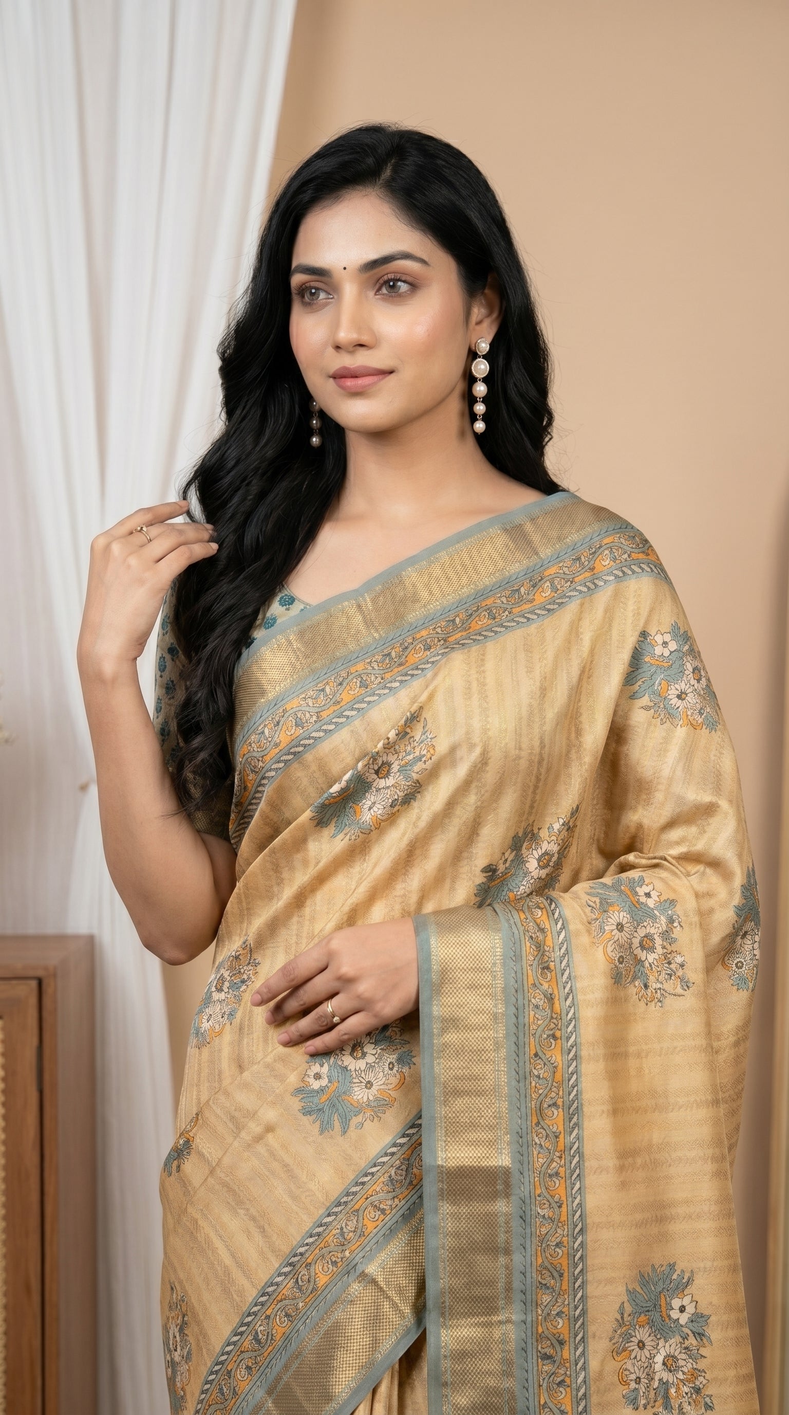 Graceful Golden Tissue Silk Saree with Floral Woven Accents