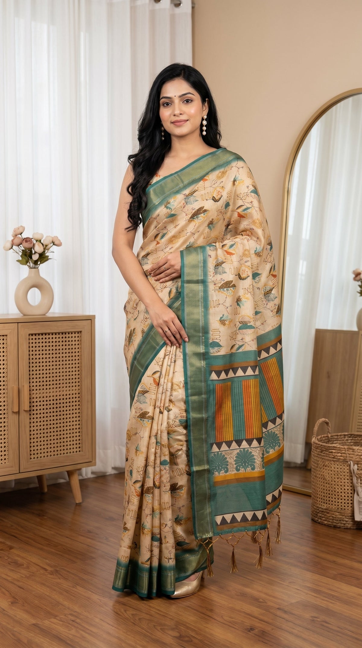 Beige Tissue Silk Saree with Teal Green Border & Artistic Print