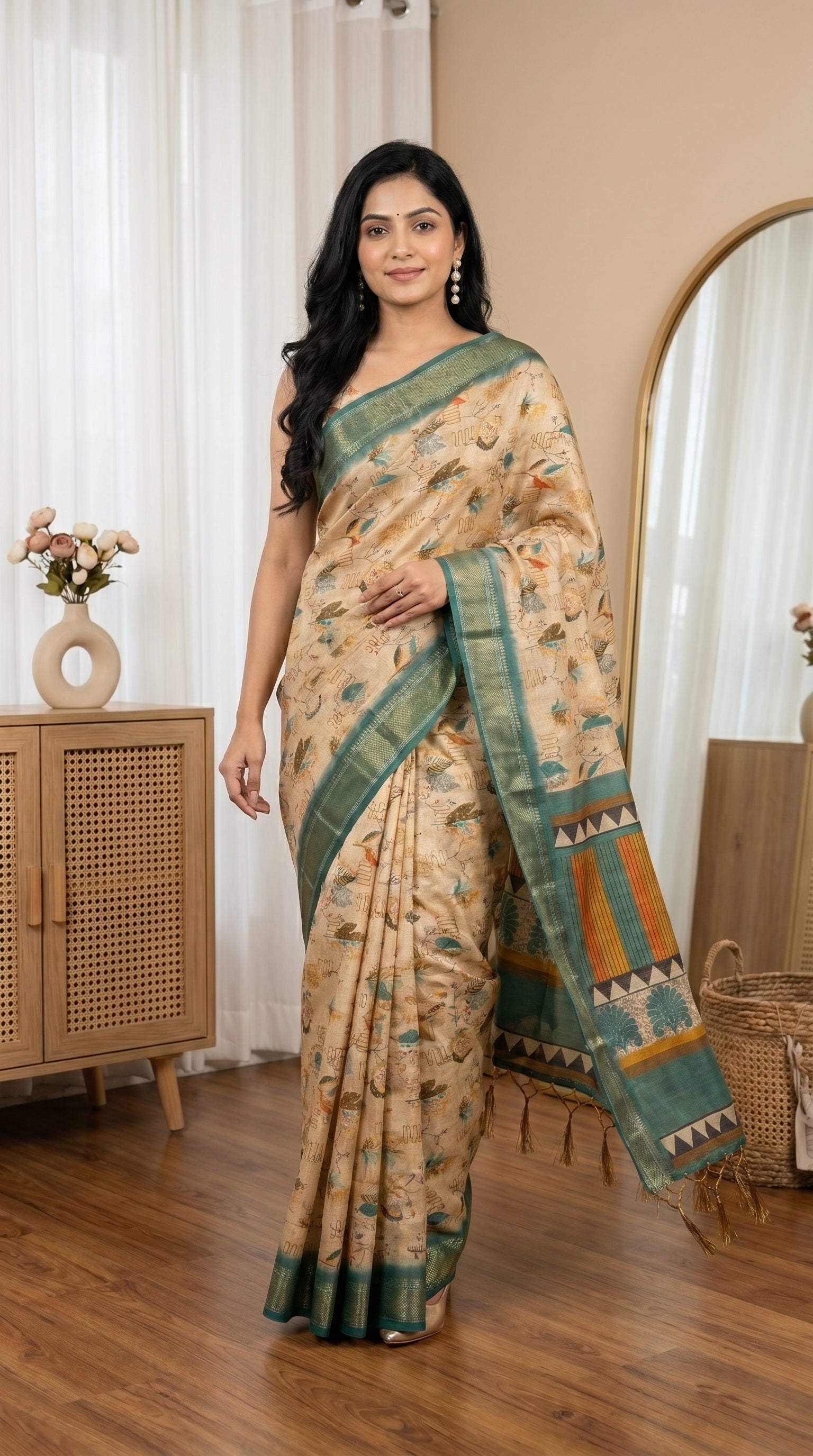 Beige Tissue Silk Saree with Teal Green Border & Artistic Print